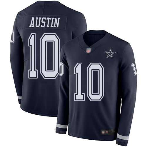 Men Dallas Cowboys Limited Navy Blue Tavon Austin #10 Therma Long Sleeve NFL Jersey